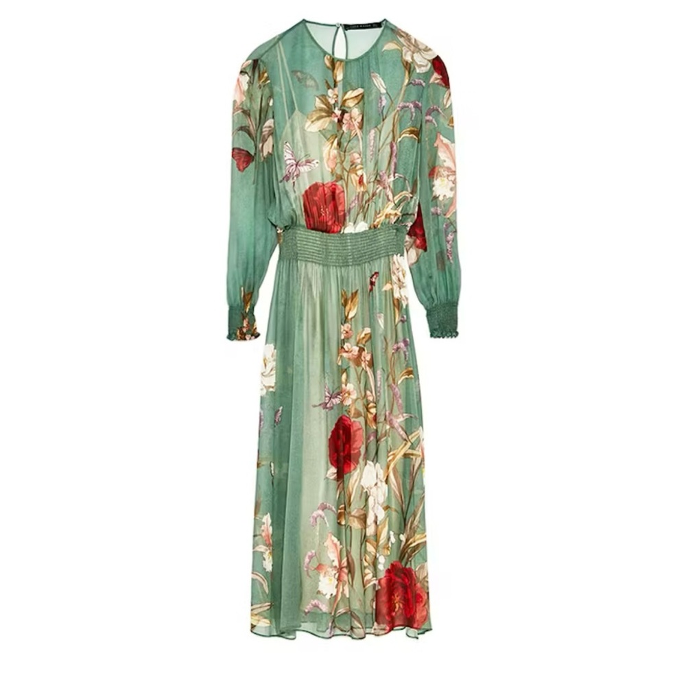 Zara Green Floral Long Sleeve Dress
Size L 
Brand New with tags